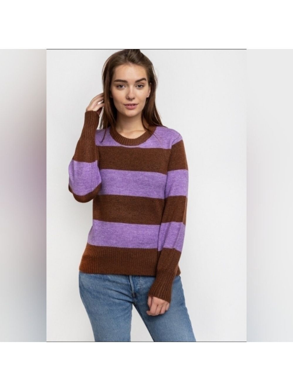 ICHI Super Soft Preppy Casual Striped Crewneck Sweater